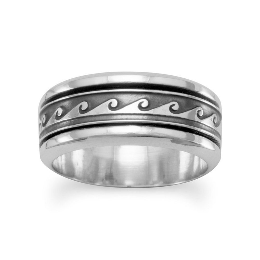 Handmade Sterling Silver Unisex Wave Design Spin Ring